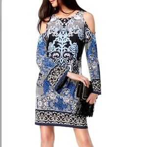 🆕 INC Blue Black Lacey Scroll Paisley Cold Shoulder Bell Sleeve Dress. NWT. XL